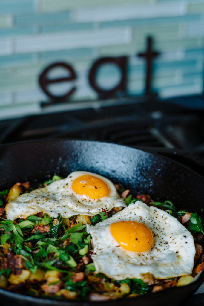 breakfast hash with fried eggs