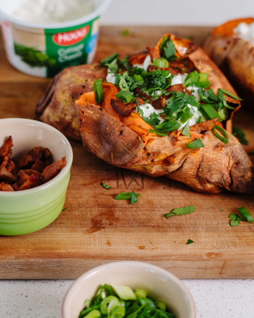 Loaded Baked Sweet Potato with Hood Cottage Cheese