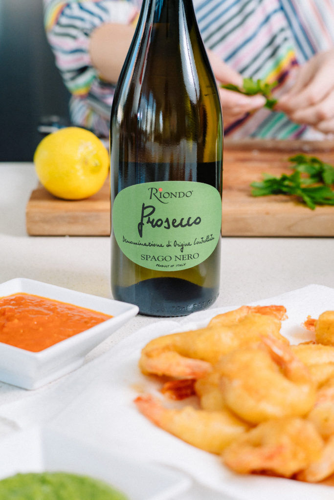 Italian-style fried shrimp paired with Riondo Prosecco from eisforeat.com