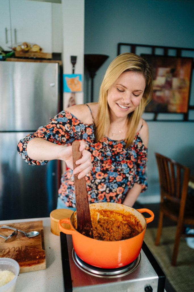 Jaymee Sire making bolognese for lasagna