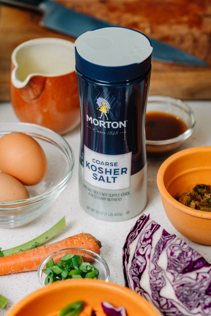Morton Coarse Kosher Salt used in leftover kitchen clean-out fried rice recipe to Erase Food Waste